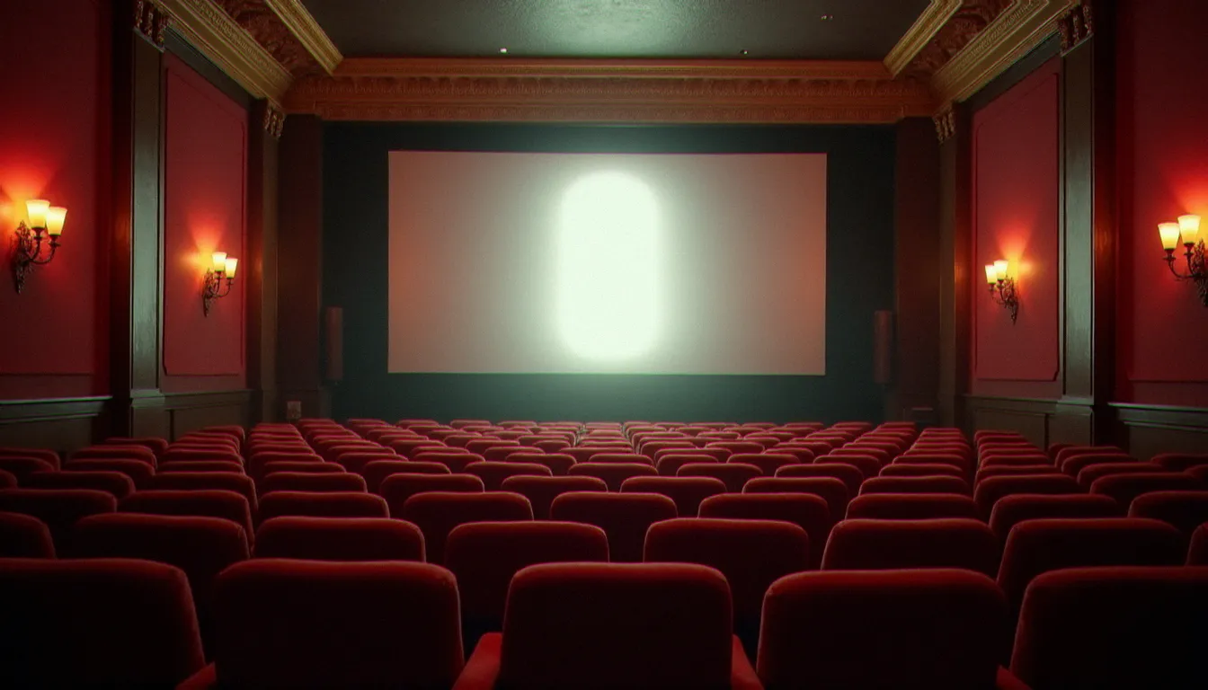 Salle de cinéma des années 1970 avec rangées de fauteuils en velours rouge et faisceau du projecteur dans l'obscurité, atmosphère authentique des salles obscures de l'époque