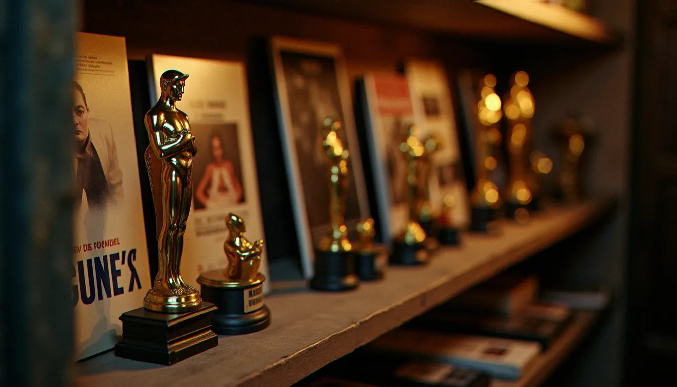 Collection de trophées et de documents de cinéma français des années 1970 sur une étagère en bois, évoquant les récompenses et palmarès qui ont sacré les grands films de 1975
