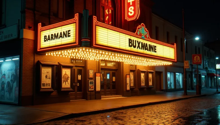 Façade illuminée d'un cinéma vintage des années 1970 la nuit, avec marquise Art Déco et reflets sur les pavés mouillés, évoquant l'âge d'or du cinéma de 1975