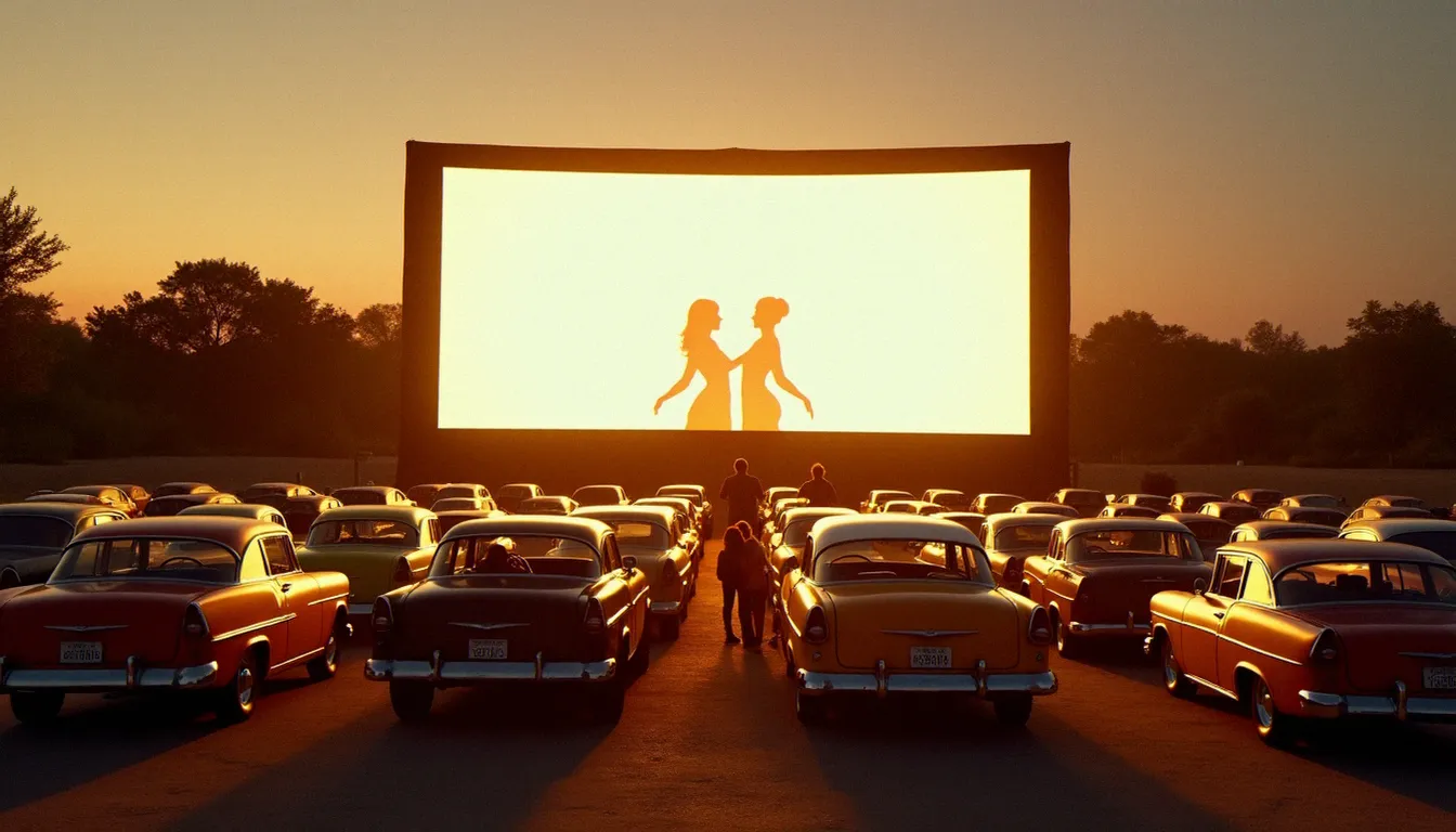 Drive-in américain typique des années 1970, rangées de voitures vintage face à un grand écran au coucher du soleil, ambiance cinéma populaire de l'époque