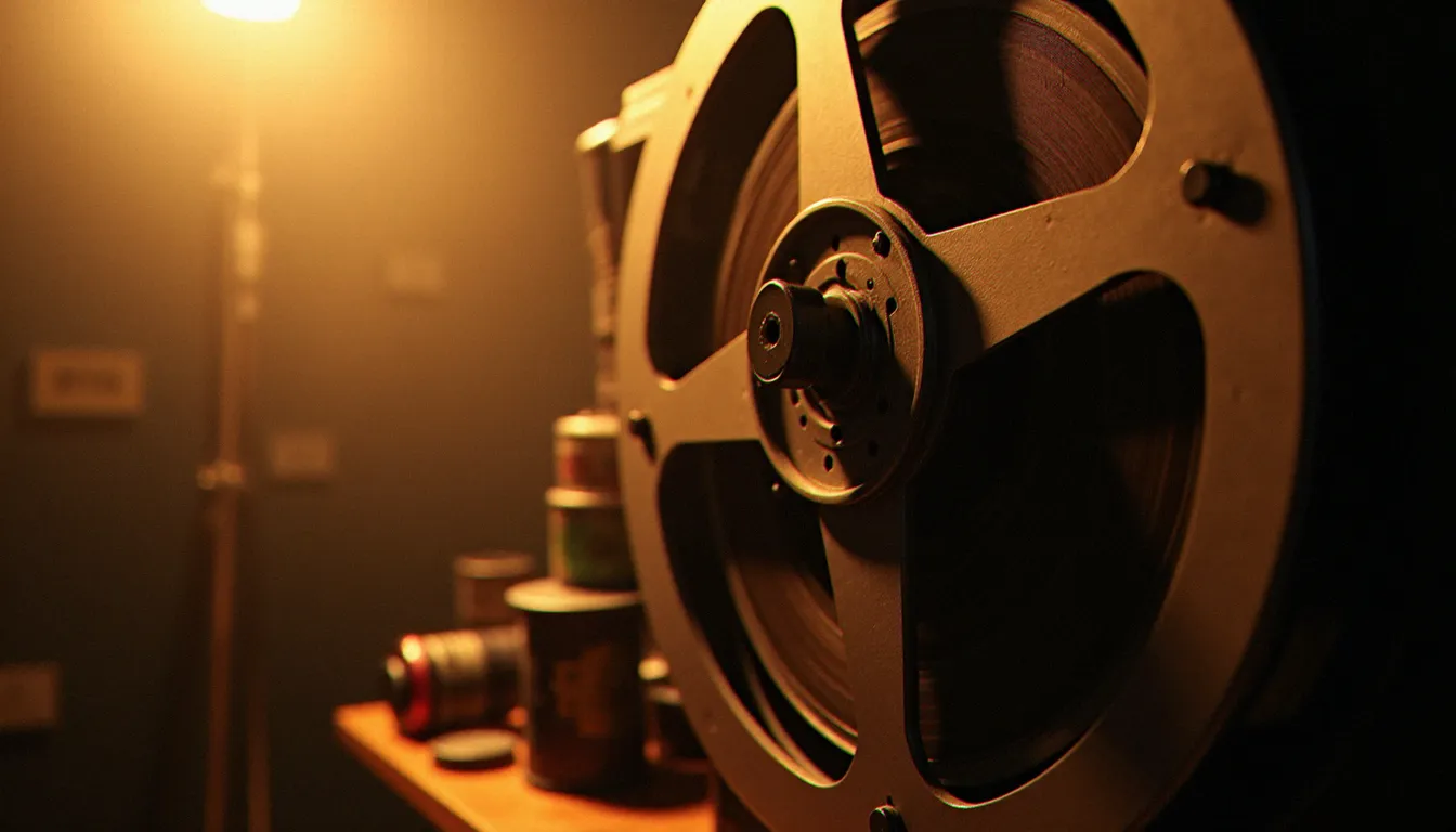 Projecteur de cinéma vintage des années 1970 avec faisceau lumineux traversant une salle obscure, bobines de films empilées, atmosphère nostalgique du cinéma de 1978