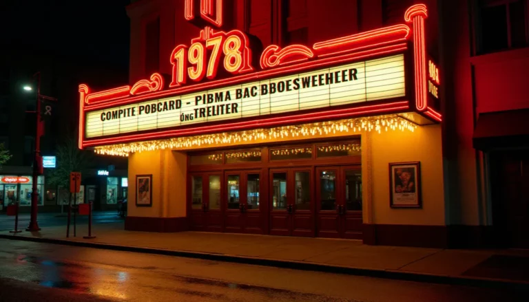 Façade illuminée d'un cinéma vintage style années 1978, reflet des néons sur le trottoir mouillé, illustration de l'atmosphère du cinéma en 1978