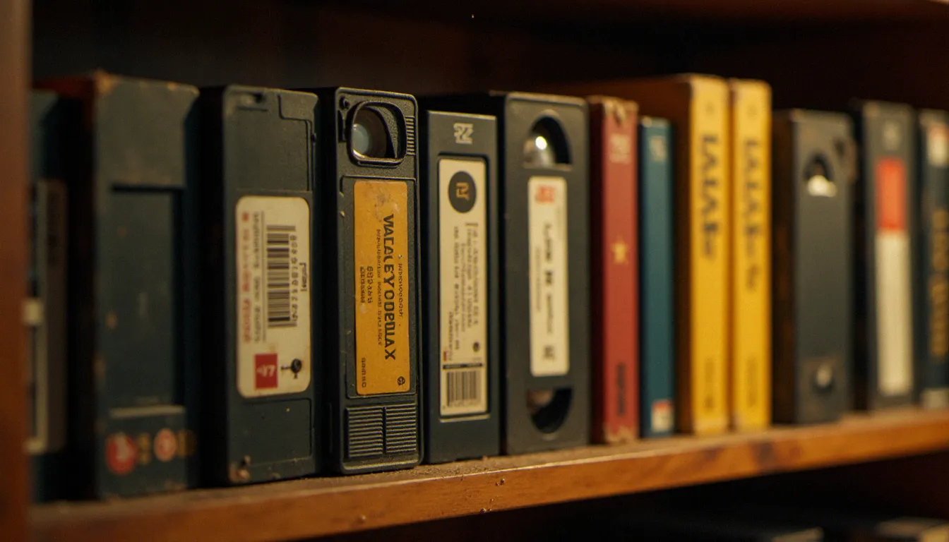 Collection de cassettes VHS vintage des années 1980 posées sur une étagère en bois sous un éclairage doux et chaleureux