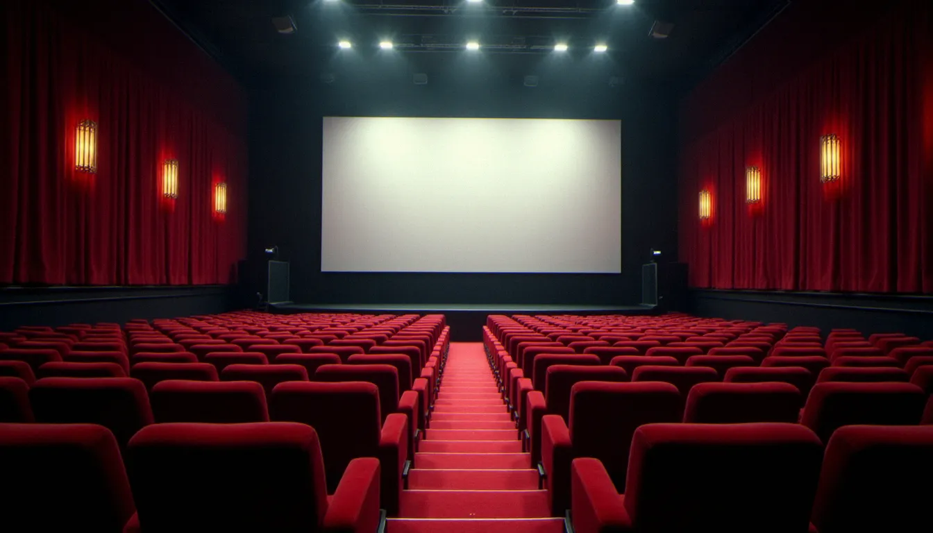 Salle de cinéma classique vide avec fauteuils en velours rouge et grand écran lumineux dans la pénombre, atmosphère nostalgique des années 1980