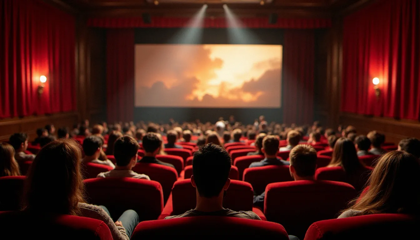 Intérieur d'un cinéma français art-et-essai avec des fauteuils en velours rouge et un faisceau de projecteur, ambiance propice à la redécouverte des films de 1992