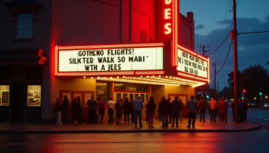 1992 au cinema featured Façade d'un cinéma vintage des années 1990 illuminée la nuit, évoquant l'ambiance des salles obscures de 1992 au cinéma