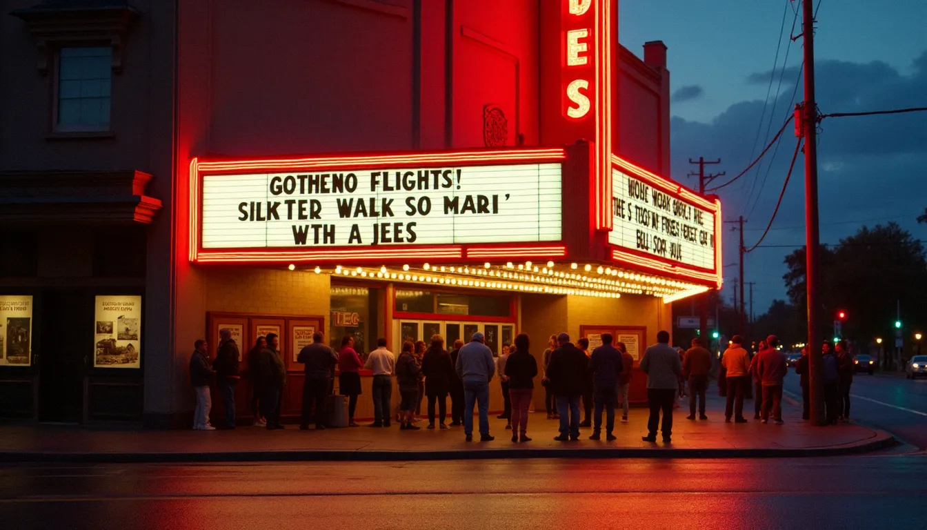 Façade d'un cinéma vintage des années 1990 illuminée la nuit, évoquant l'ambiance des salles obscures de 1992 au cinéma