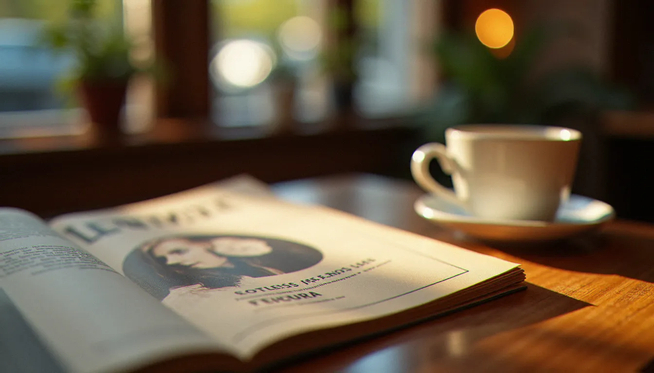 Programme de cinéma vintage posé sur une table de café avec une tasse de café, illustrant la culture des sorties au cinéma en 2001 en France