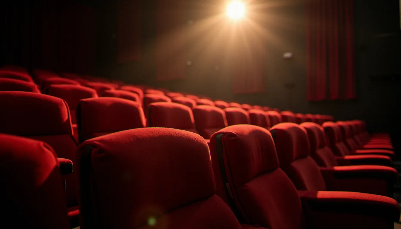 Salle de cinéma art et essai française vide avec des fauteuils en velours rouge éclairés par le faisceau du projecteur, atmosphère du cinéma d'auteur de 2001