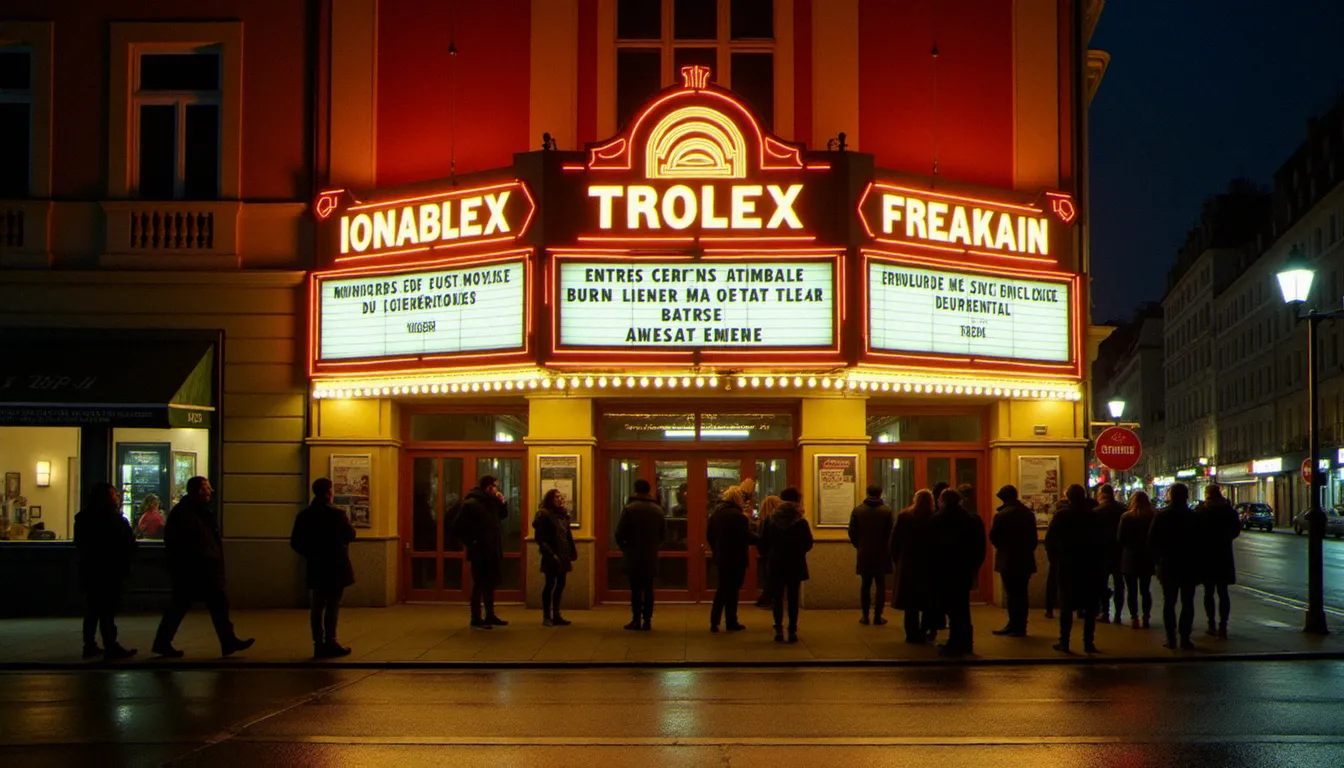 Façade d'un cinéma français illuminée la nuit avec une file d'attente de spectateurs, évoquant l'atmosphère des sorties de films de 2001 au cinéma