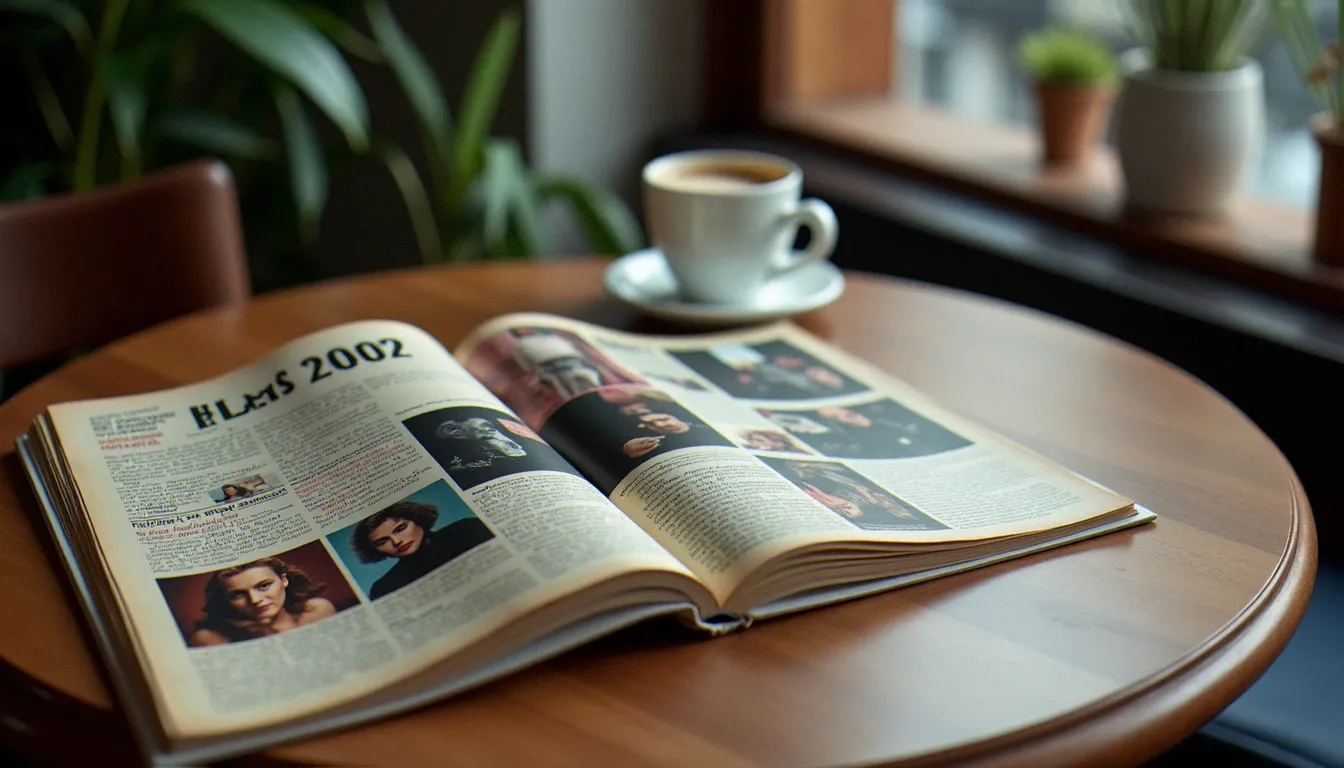 Magazine de cinéma français de 2002 ouvert sur une table de café, illustrant les critiques et photos des grands films de l'année dont Le Pianiste et Chicago