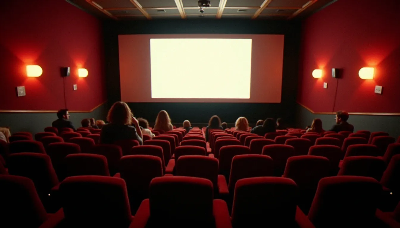 Intérieur d'un petit cinéma indépendant français du début des années 2000, rangées de fauteuils en velours rouge et écran lumineux — décor typique des salles qui programmaient les films de 2002