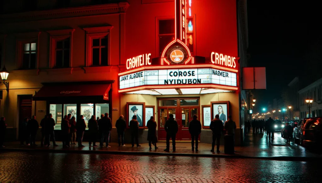 2002 au cinema featured Façade d'un cinéma français illuminée la nuit en 2002, avec des affiches de films et une file d'attente de spectateurs sous les néons — ambiance typique du cinéma de cette année mythique