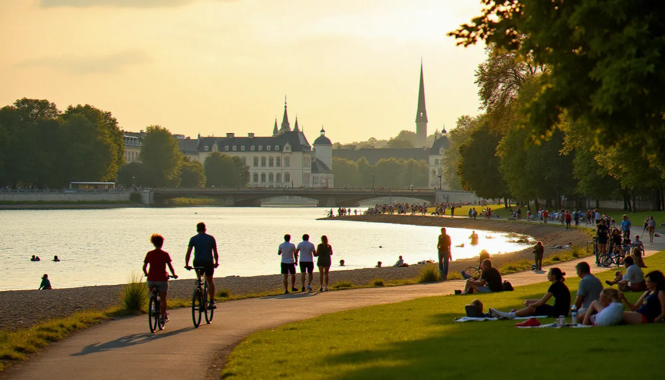 Berges de l'Allier à Vichy pendant l'été 2021, promeneurs et cyclistes profitant des espaces extérieurs lors de la reprise estivale