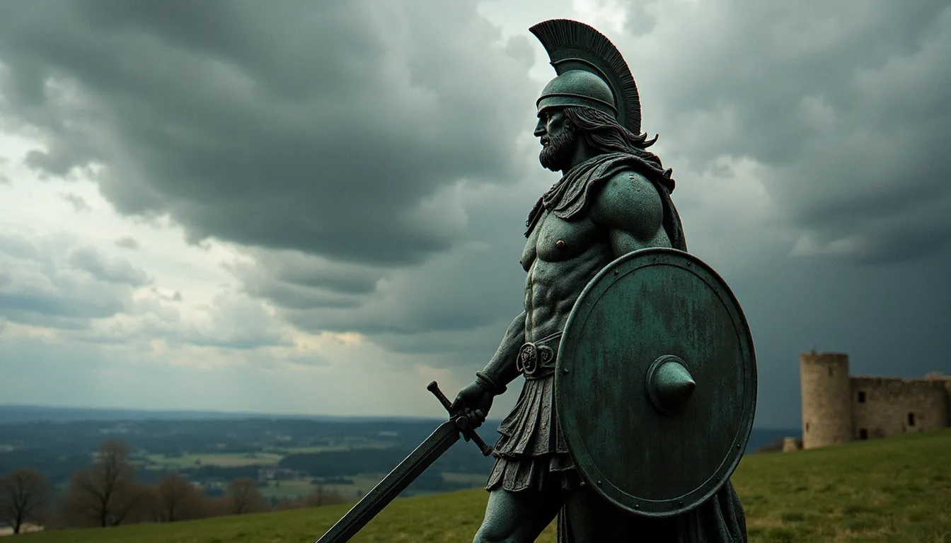 Statue en bronze d'un chef gaulois armé symbolisant Vercingétorix, figure emblématique de la révolte de 52 av. J.-C. en Auvergne