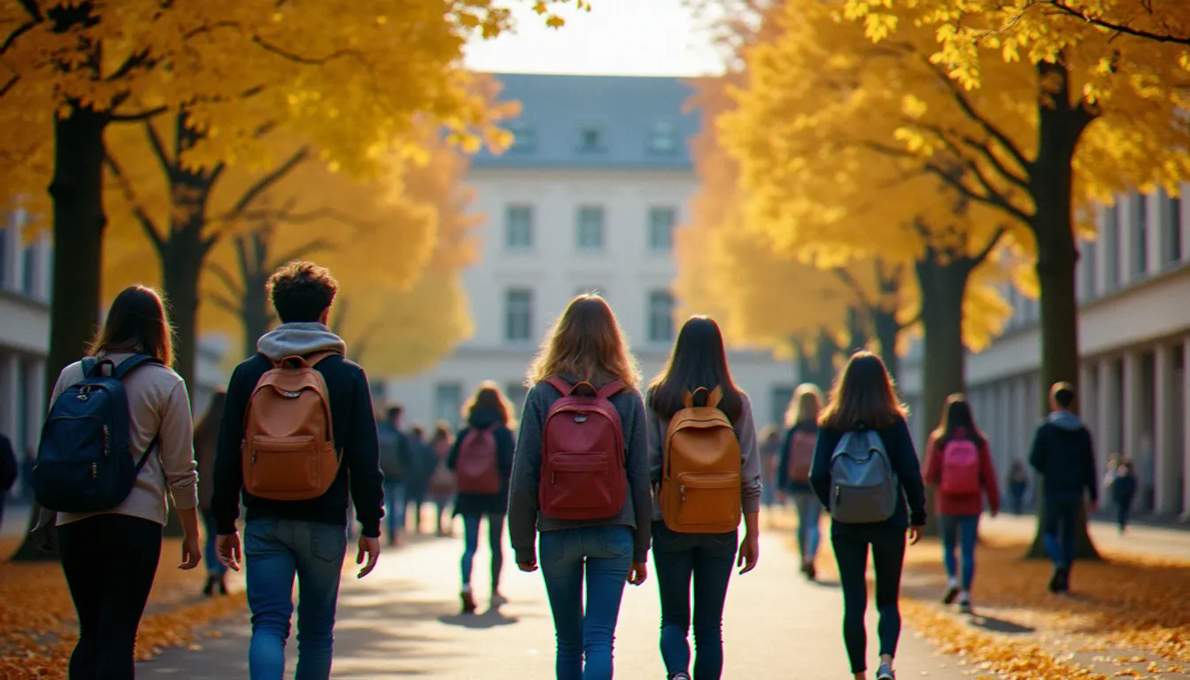 Élèves dans la cour d'un lycée de l'académie de Clermont-Ferrand en automne, illustrant la vie scolaire dans l'Allier
