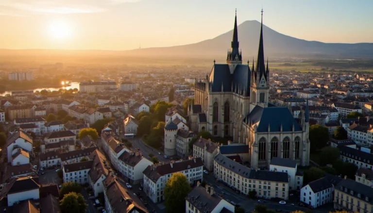 Vue aérienne du centre-ville de Clermont-Ferrand avec la cathédrale et le Puy-de-Dôme, siège de l'académie de Clermont-Ferrand