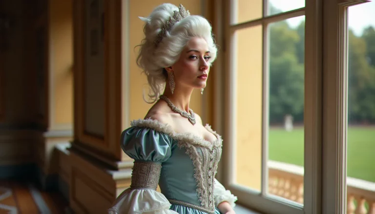 Portrait évocateur d'Adélaïde de France (1732-1800), fille de Louis XV, en robe de cour du XVIIIe siècle devant les jardins de Versailles