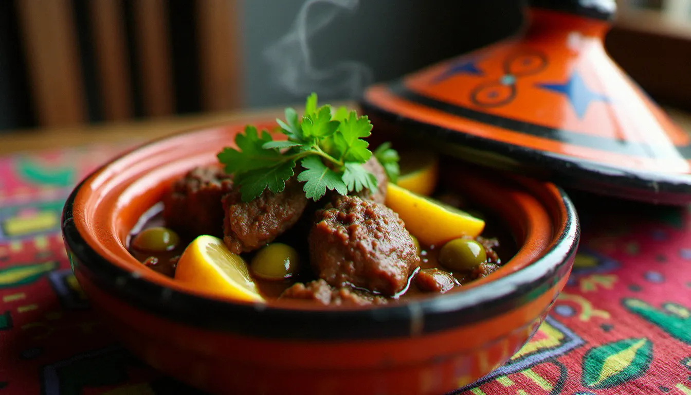 Tajine d'agneau marocain aux citrons confits et olives vertes dans un plat en terre cuite artisanale, spécialité culinaire d'Afrique du Nord
