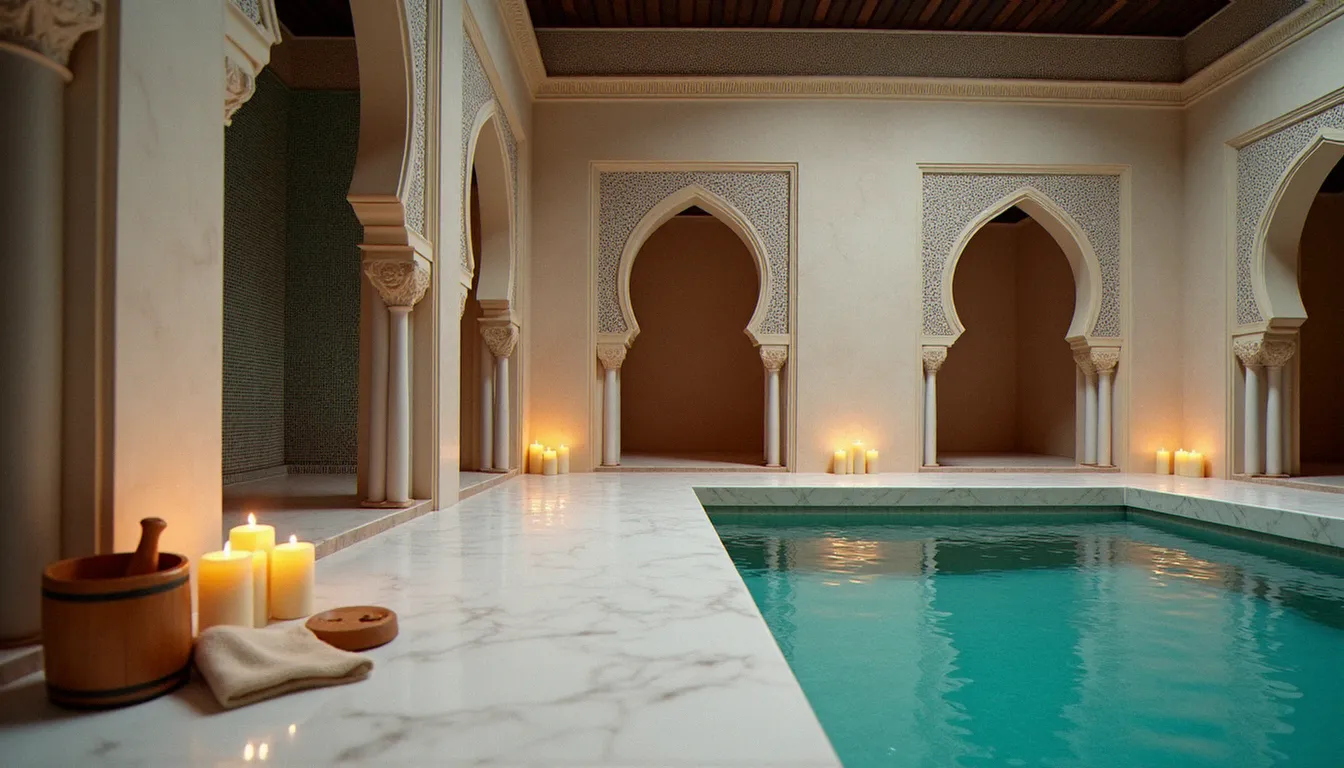 Intérieur d'un hammam traditionnel d'Afrique du Nord avec mosaïques zellige turquoise, vapeur douce et lumière tamisée, héritage du soin du corps maghrébin