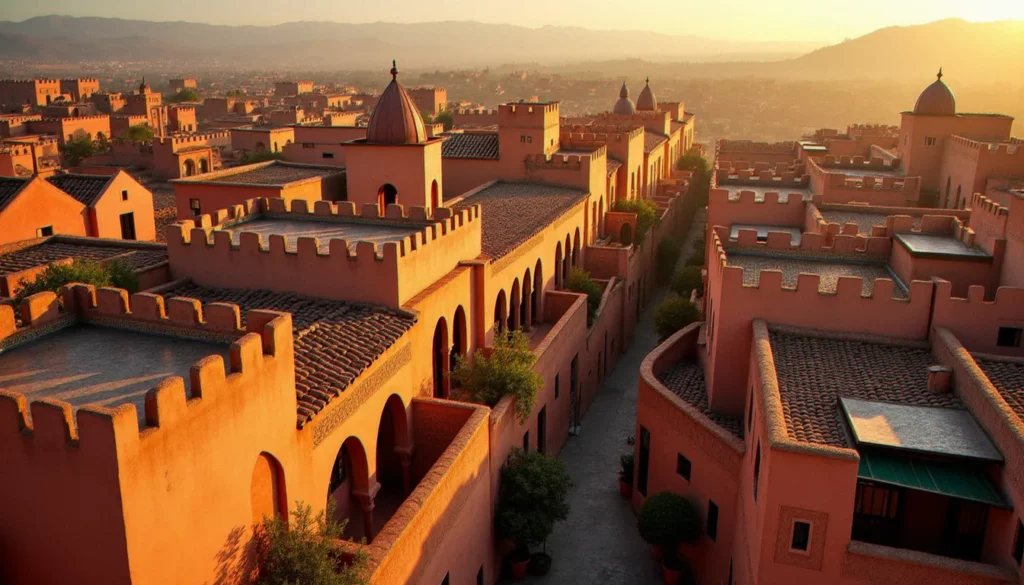 afrique du nord featured Vue aérienne sur les toits d'une médina d'Afrique du Nord au coucher du soleil, architecture traditionnelle maghrébine aux couleurs ocre et terracotta
