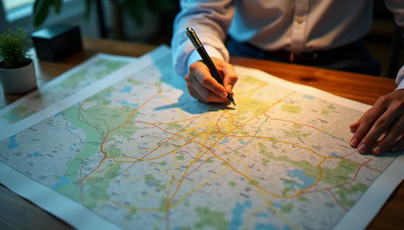 Cartographe analysant les flux domicile-travail pour délimiter l'aire d'attraction d'une ville sur une carte territoriale française