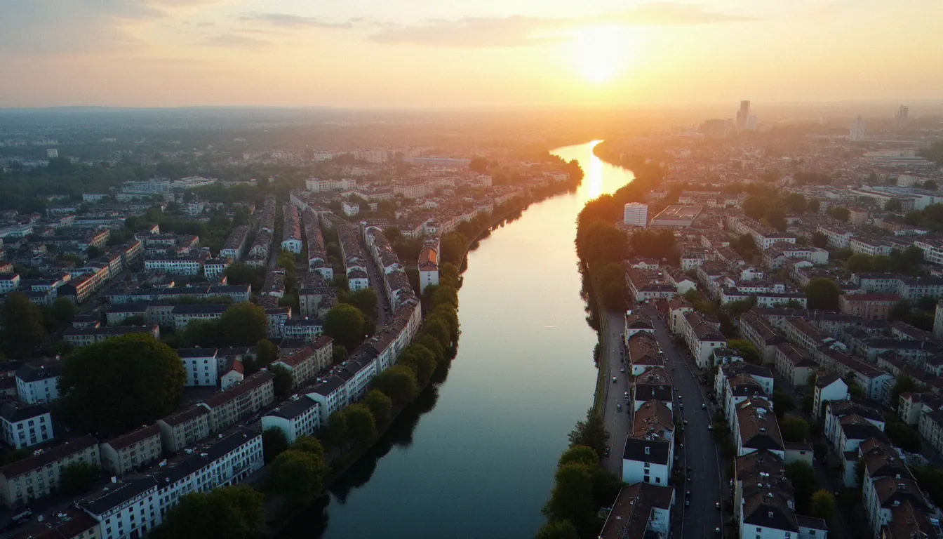 Vue de Vichy et de ses quartiers résidentiels le long de l'Allier, illustrant le rôle de pôle d'emploi de la ville au sein de son aire d'attraction bourbonnaise