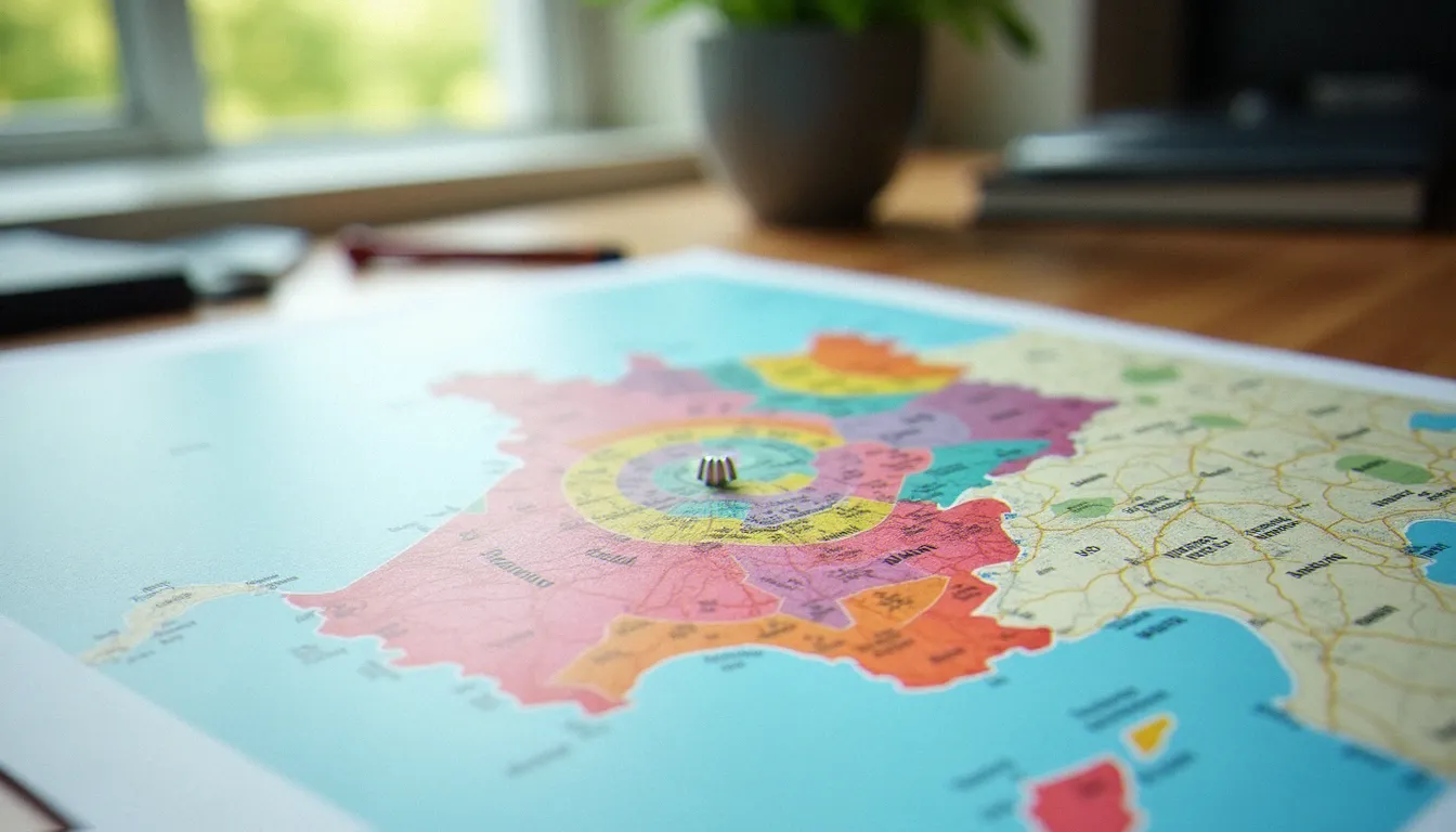Carte de zonage INSEE des aires urbaines en France posée sur un bureau, montrant les différentes couronnes périurbaines autour des pôles urbains