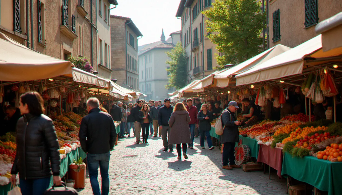 Marché du samedi matin dans une ville moyenne française, avec des habitants venus des communes périurbaines de l'aire urbaine environnante