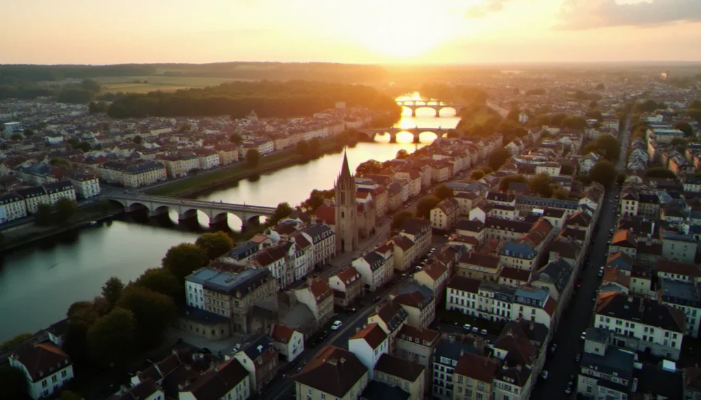 aire urbaine france featured Vue aérienne d'une aire urbaine française au coucher du soleil, avec le centre-ville historique et sa couronne périurbaine visible en arrière-plan