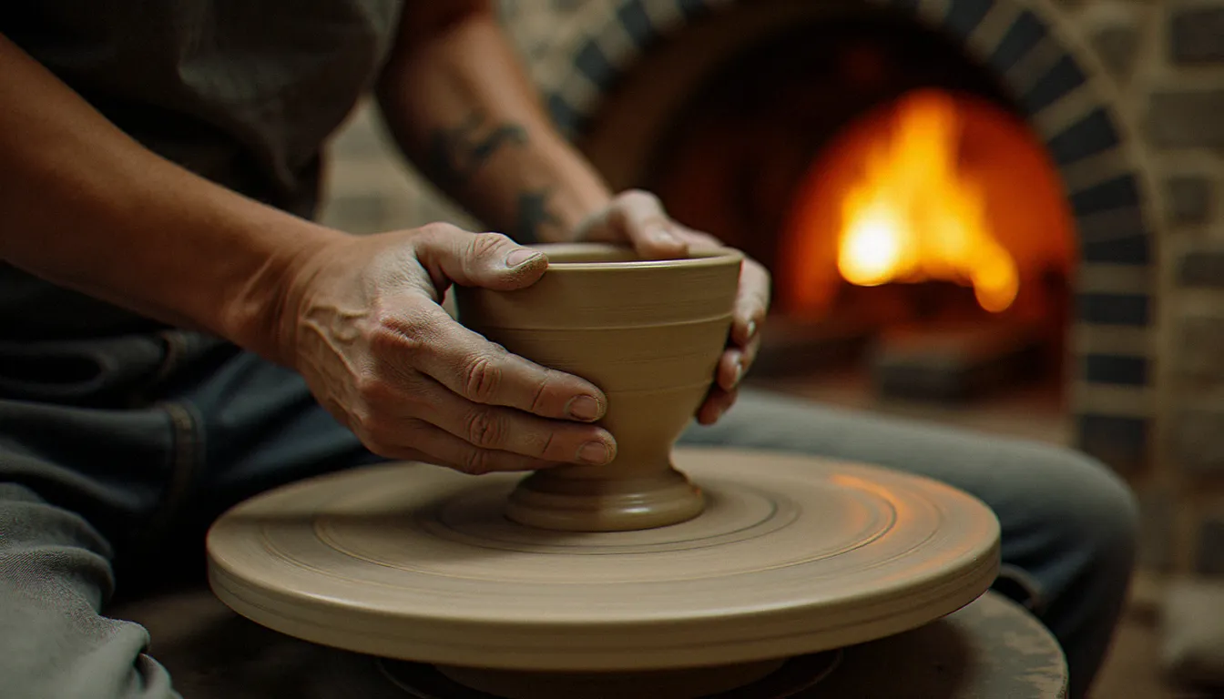 Céramiste travaillant le grès dans un atelier traditionnel, four à haute température visible en arrière-plan, ambiance d'atelier artisanal de la Belle Époque