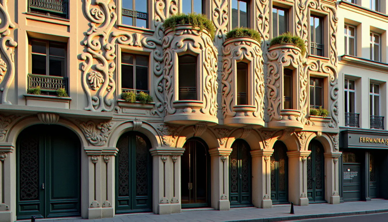 Façade Art Nouveau ornée de céramiques architecturales à Paris, panneaux de grès flammé aux formes organiques caractéristiques des collaborations entre Alexandre Bigot et les architectes de la Belle Époque