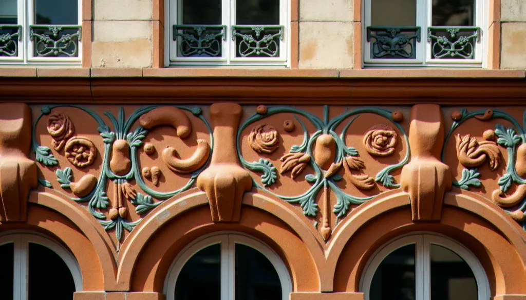 alexandre bigot ceramiste featured Détail d'une façade en grès flammé Art Nouveau, style céramique architecturale d'Alexandre Bigot, motifs floraux en relief sur un immeuble de la Belle Époque