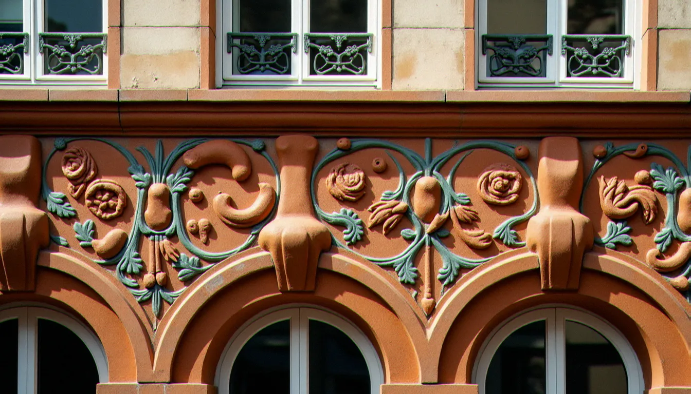 Détail d'une façade en grès flammé Art Nouveau, style céramique architecturale d'Alexandre Bigot, motifs floraux en relief sur un immeuble de la Belle Époque