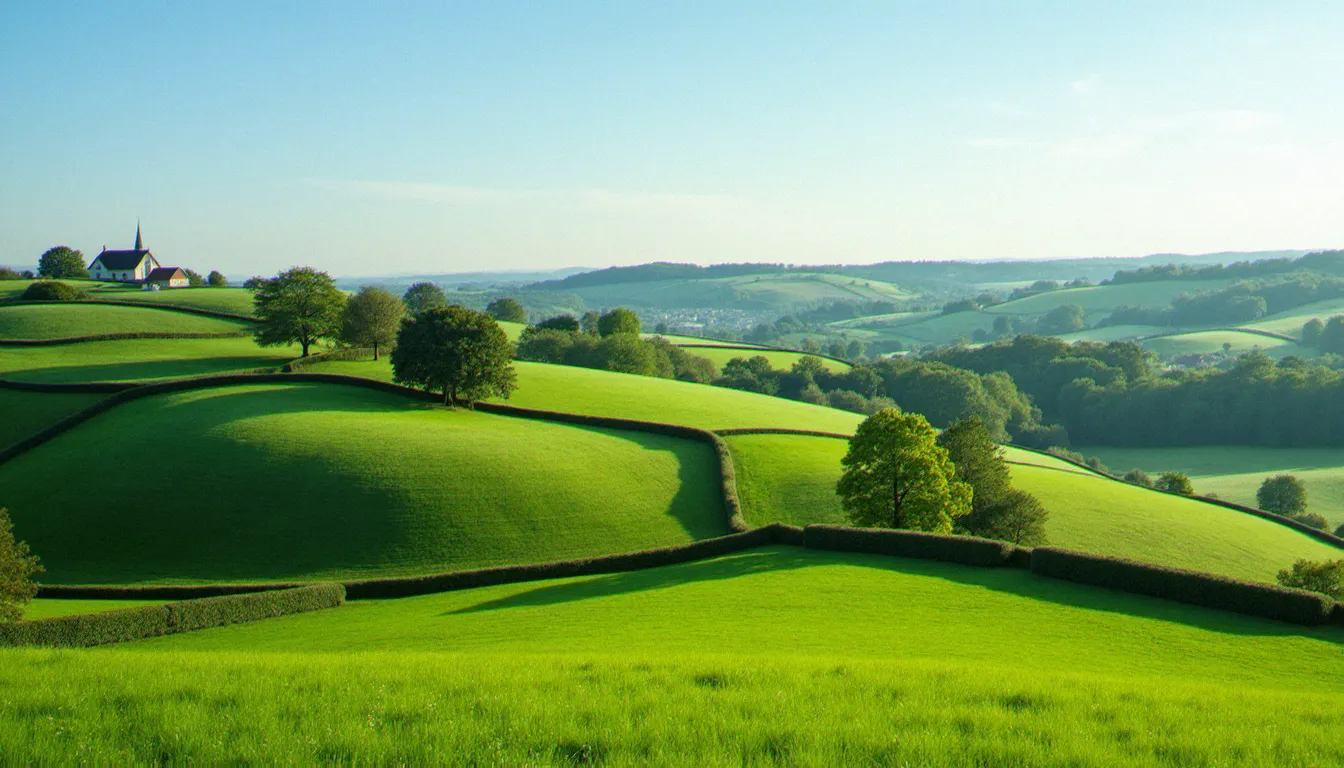 Paysage bocager de la Limagne bourbonnaise dans le département de l'Allier, prairies verdoyantes et haies sous un ciel d'été