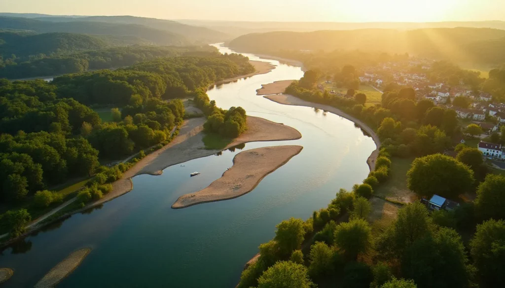 allier departement featured Vue aérienne de la vallée de l'Allier avec ses méandres sauvages et ses berges sablonneuses, département de l'Allier en Auvergne