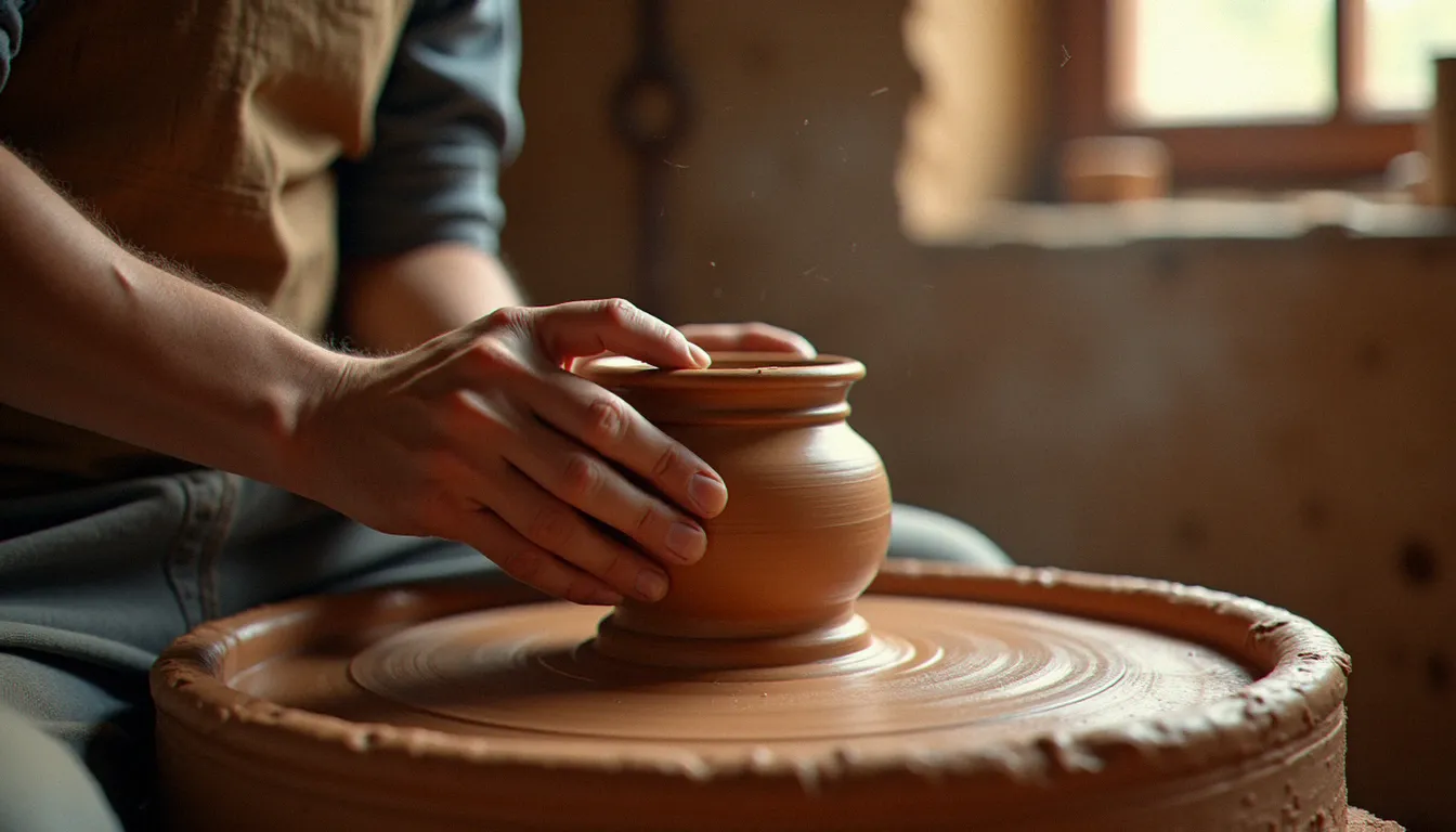 Potier façonnant un vase en argile sur un tour à pied de style antique romain, mains plongées dans l'argile rouge, atelier éclairé en lumière naturelle
