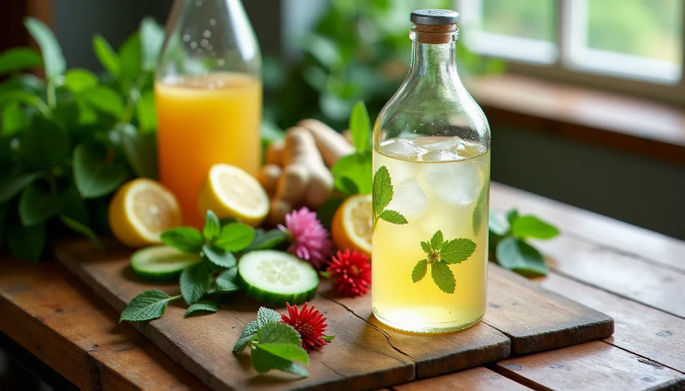 Vue de dessus des ingrédients pour cocktails sans alcool disposés sur une table en bois rustique : menthe fraîche, gingembre, citron, sirop de sureau, fleurs d'hibiscus et eau gazeuse