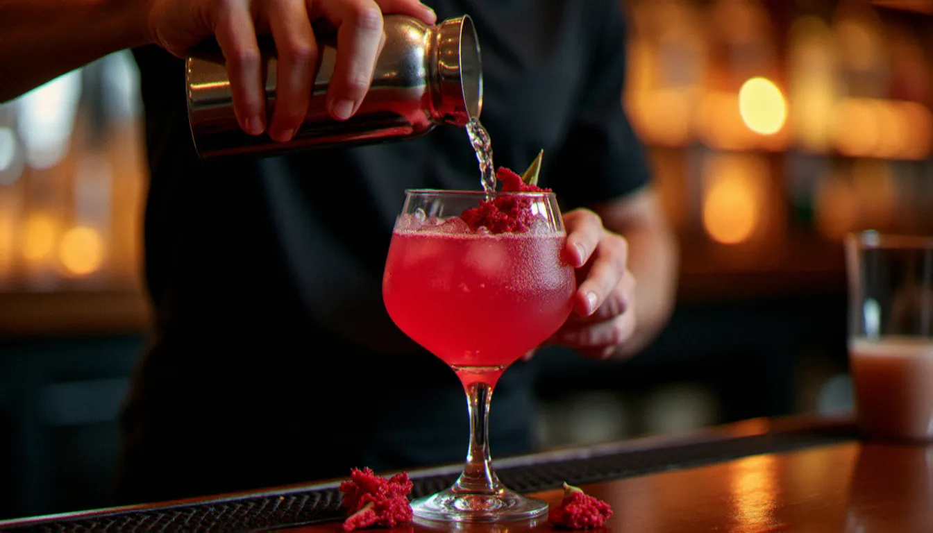 Les mains d'un barman versant un cocktail sans alcool à l'hibiscus dans un verre à pied sur un comptoir de bar, lumière chaleureuse et tamisée, avec des pétales d'hibiscus séchés en garniture