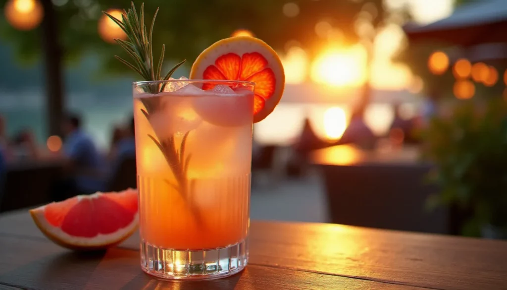 cocktail sans alcool featured Un cocktail sans alcool élaboré dans un verre en cristal, garni d'une tranche de pamplemousse et d'un brin de romarin, servi sur un comptoir en bois avec une lumière dorée de coucher de soleil