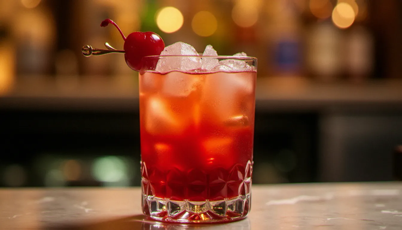 Gros plan d'un Shirley Temple sans alcool dans un verre highball avec effet dégradé rouge de la grenadine et ginger ale, sur un comptoir de bar en marbre
