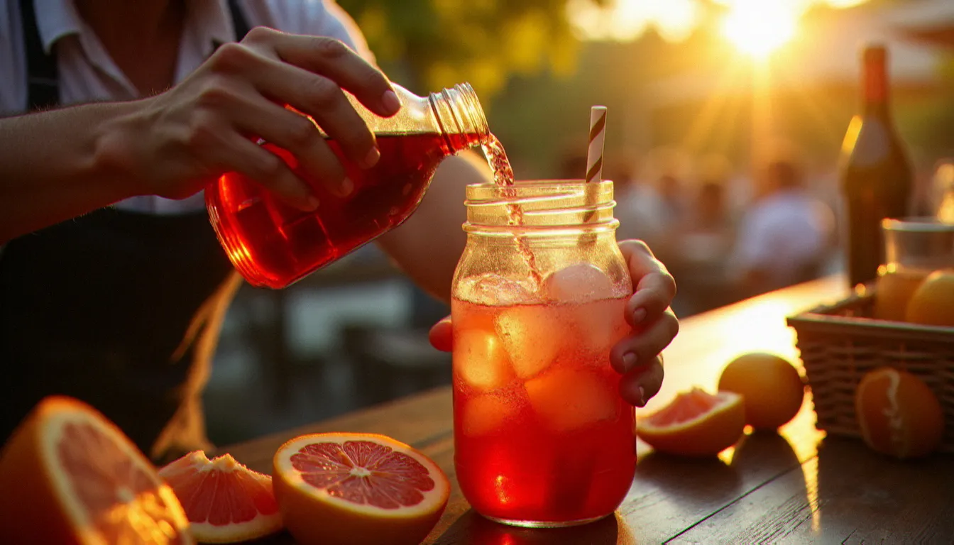Mains d'un barman versant du sirop de grenadine dans un grand verre mason jar sur une terrasse de bar en plein air à l'heure dorée