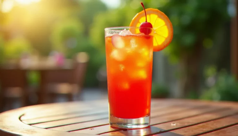 Verre de cocktail sans alcool à la grenadine avec jus d'orange et eau gazeuse, garni d'une cerise et d'une rondelle d'orange sur une terrasse ensoleillée