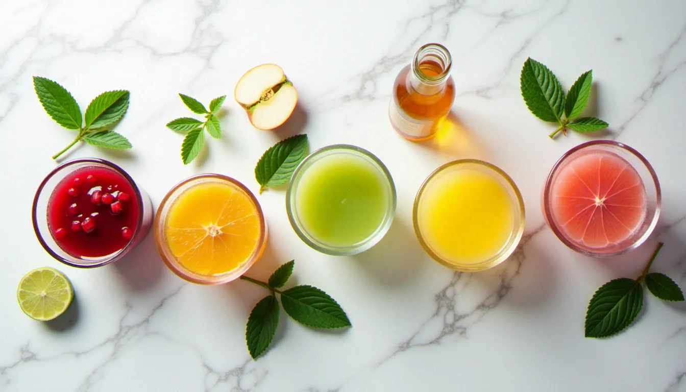Vue du dessus de différents jus de fruit frais dans des petits bols en verre sur marbre blanc — grenade, fruit de la passion, pomme verte, pamplemousse rose — pour préparer des cocktails sans alcool