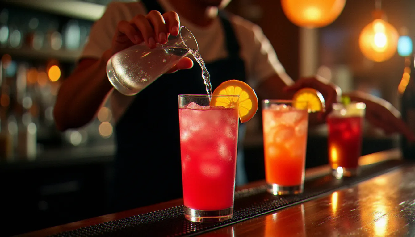 Mains d'un bartender versant de l'eau gazeuse dans un cocktail sans alcool à l'hibiscus rouge sur glace pilée, dans une ambiance chaleureuse de bar le soir