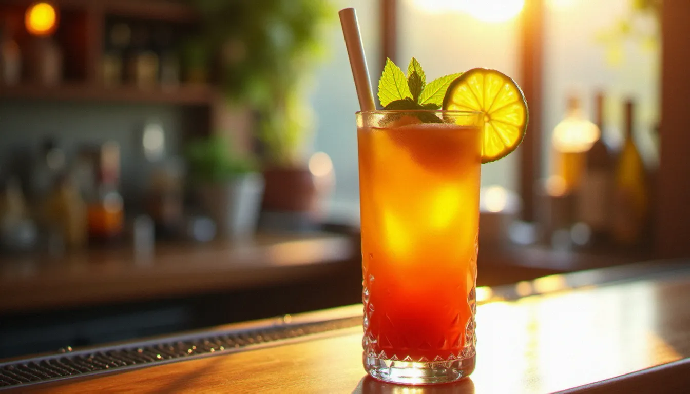 Cocktail sans alcool à base de jus de fruit tropical servi dans un verre en cristal sur un comptoir de bar, garni de menthe fraîche et d'une tranche de citron vert