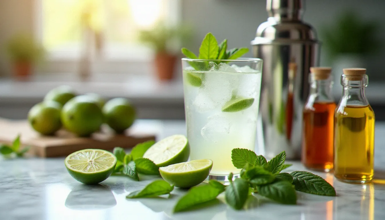 Ingrédients frais pour cocktail sans alcool sur un plan de travail en marbre — menthe, citrons verts, eau pétillante et sirops maison