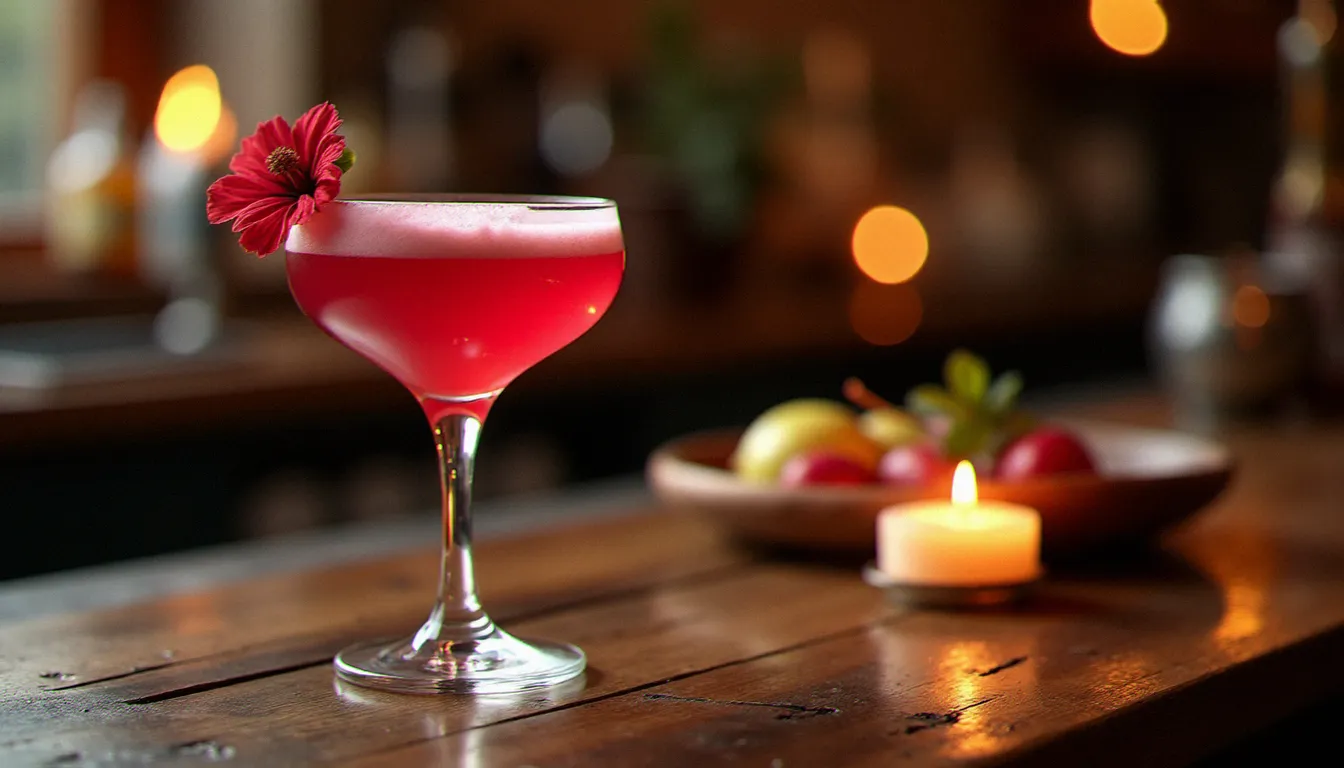 Mocktail hibiscus sour dans un verre coupe avec une mousse rose, garni d'une fleur d'hibiscus séchée dans une ambiance de bar chaleureux