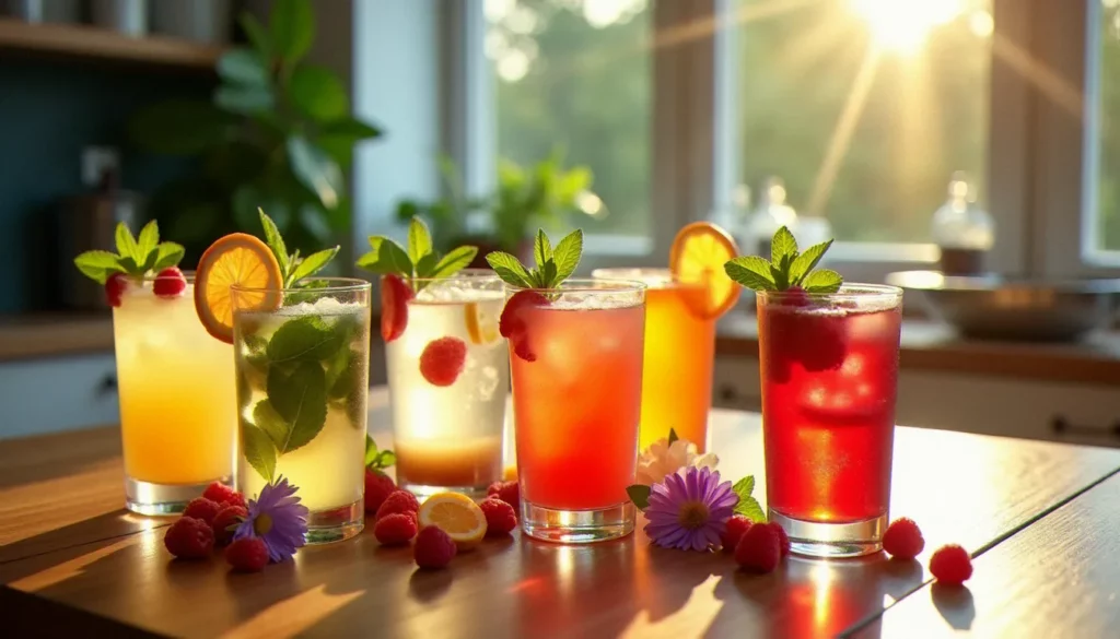 cocktail sans alcool recette featured Huit recettes de cocktails sans alcool présentées dans différents verres avec des garnitures fraîches de menthe, agrumes et fruits rouges sur une table en bois