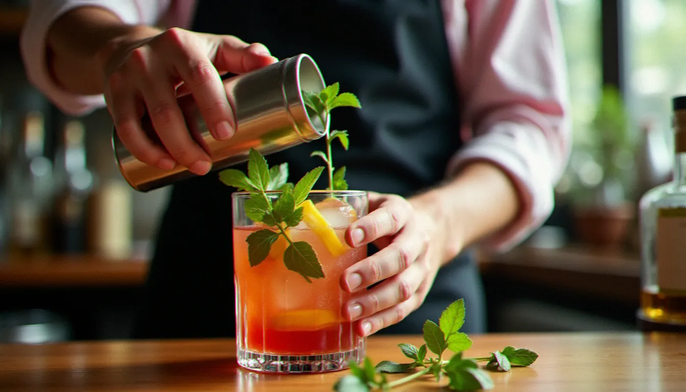 Gros plan sur les mains d'un bartender en train de préparer les ingrédients frais d'un cocktail artisanal, lumière naturelle de côté et bouteilles vintage en arrière-plan
